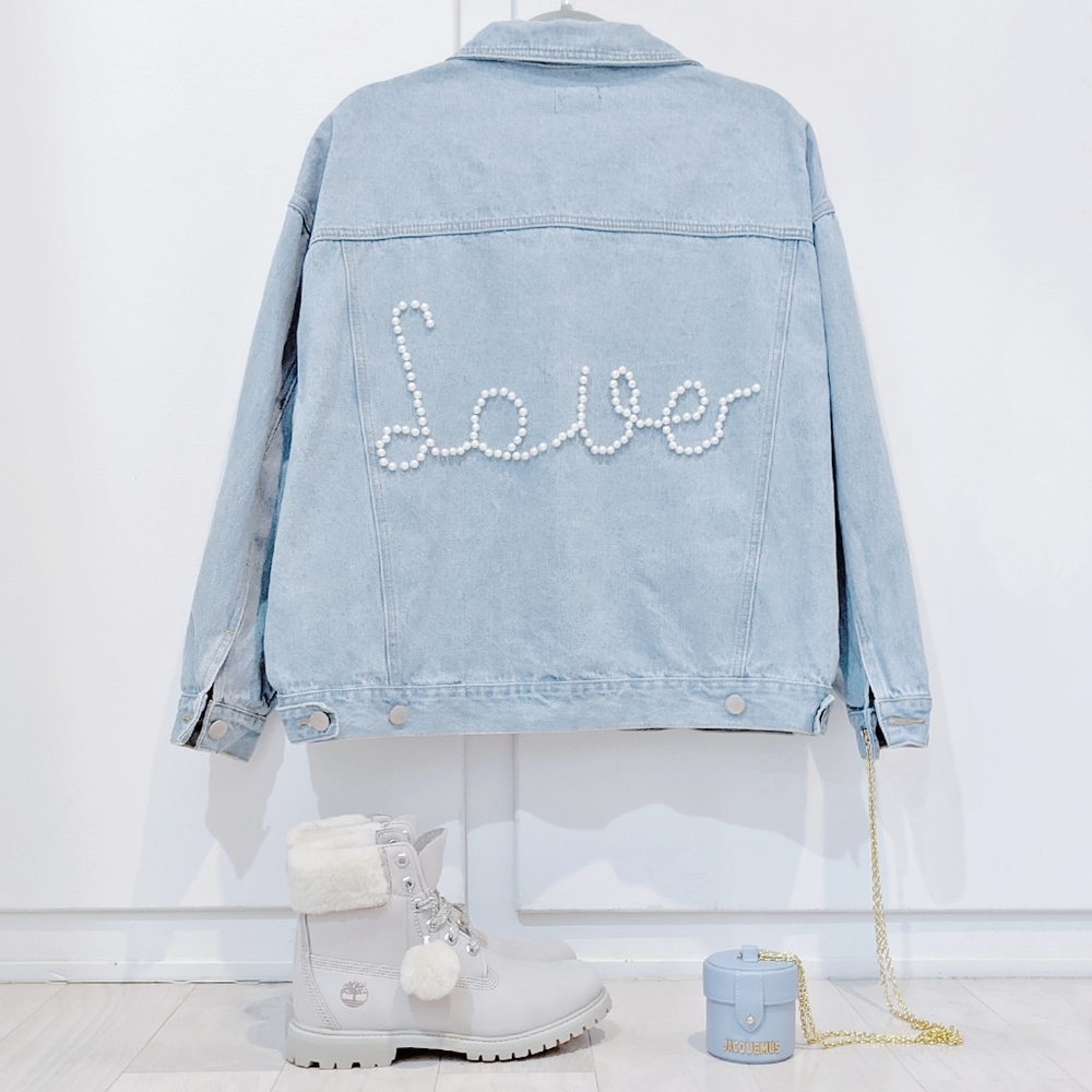Pearl Embellished LOVE denim jean blogger jacket - Picture 7 of 7